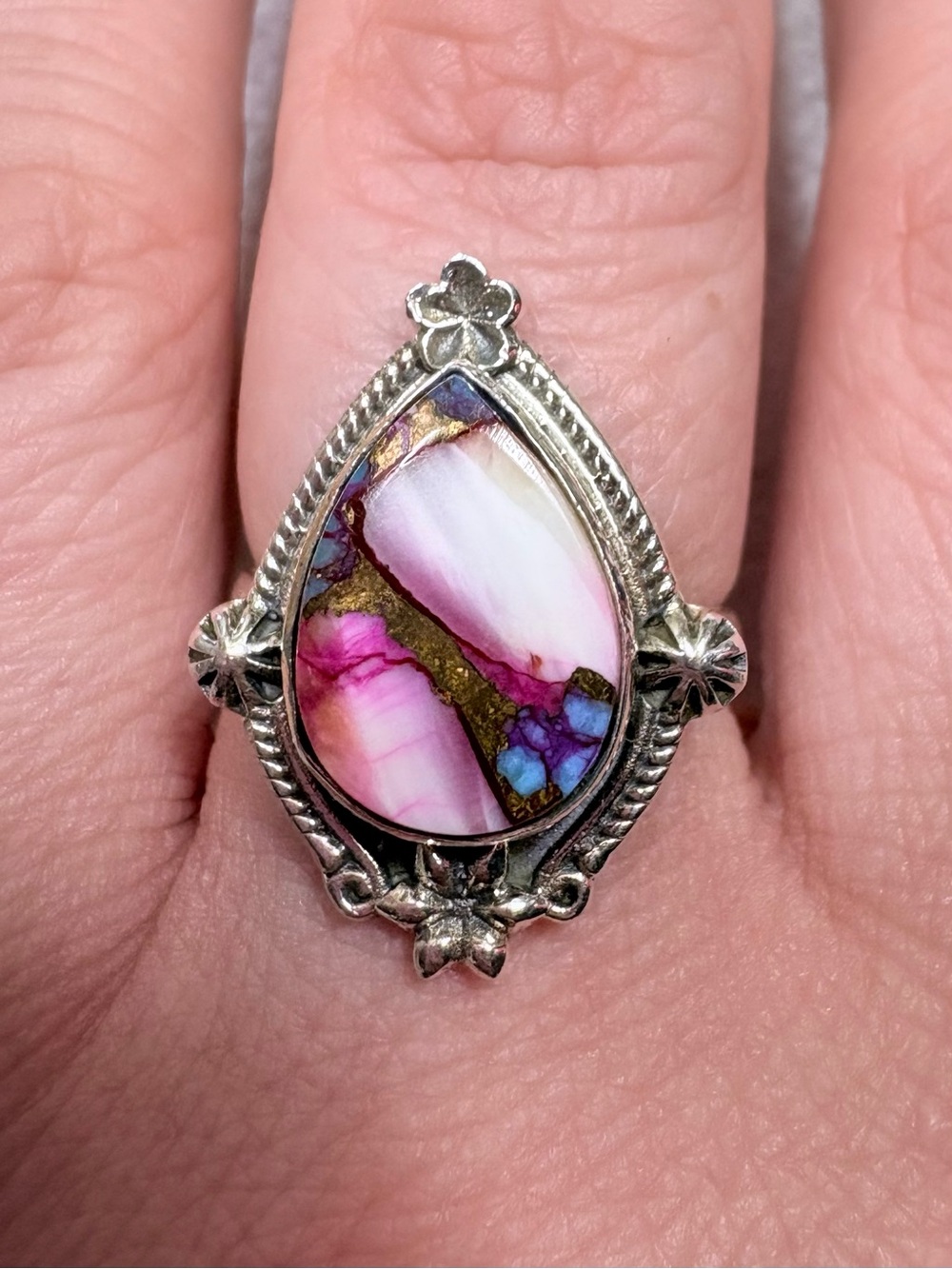 Pink Dahlia Turquoise Teardrop Inlay Ring 925